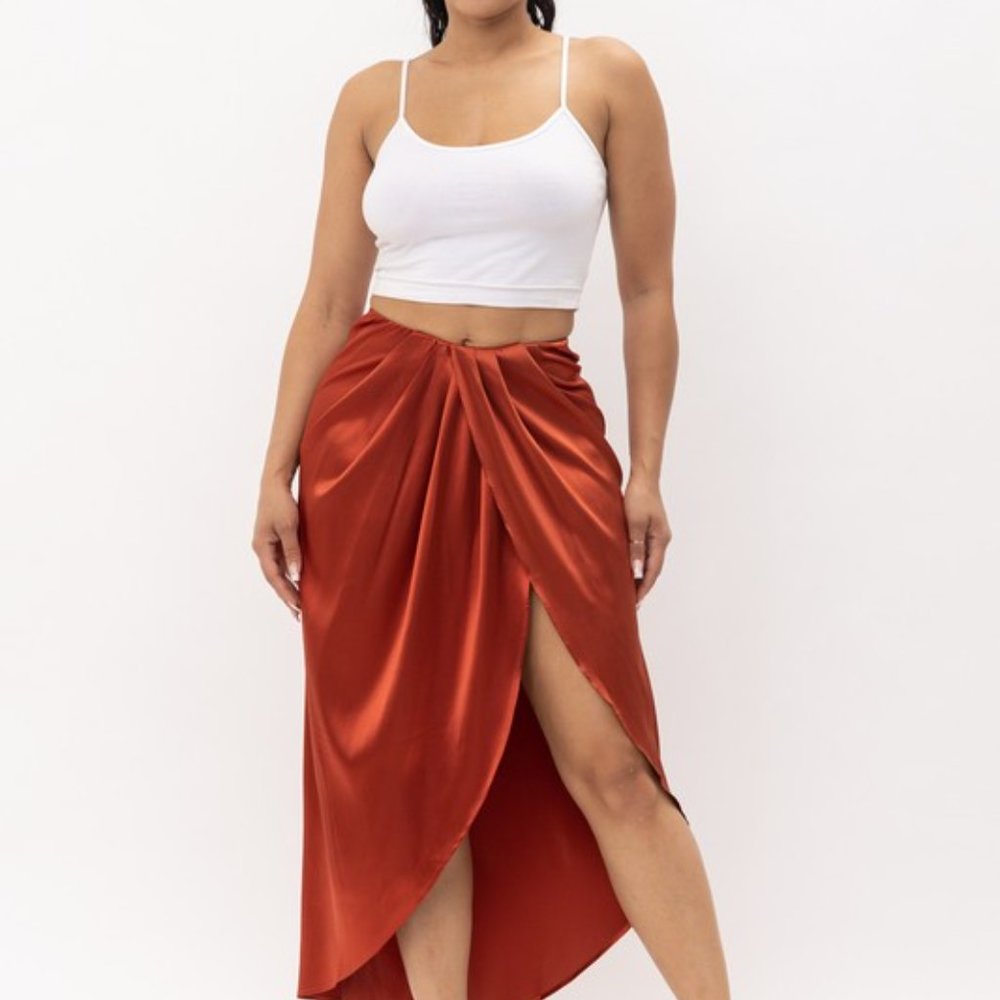 Women's Satin Rust Open Front Ruched Wrap Flare Maxi Skirt